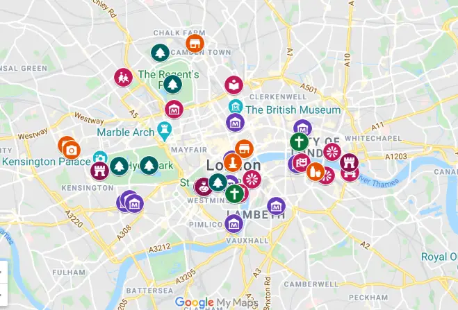 mapa das atrações de Londres