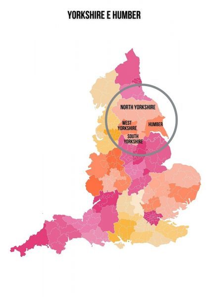 Mapa da Inglaterra com destaque para a região de Yorkshire e Humber
